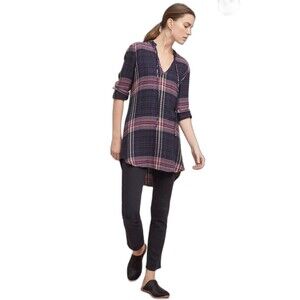 Cloth & Stone Anthropologie Plaid Tunic Shirt Dress High Low Hem Grunge Revival